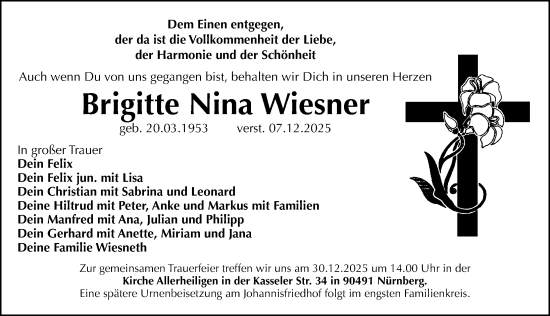Traueranzeige von Brigitte Nina Wiesner von Gesamtausgabe Nürnberger Nachrichten/ Nürnberger Ztg.