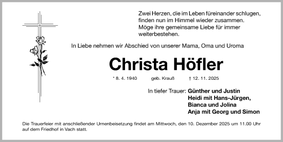 Traueranzeige von Christa Höfler von Fürther Nachrichten Lokal