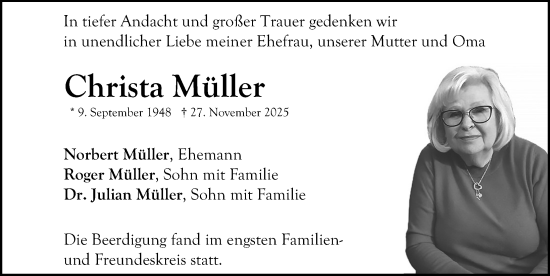 Traueranzeige von Christa Müller von Gesamtausgabe Nürnberger Nachrichten/ Nürnberger Ztg.