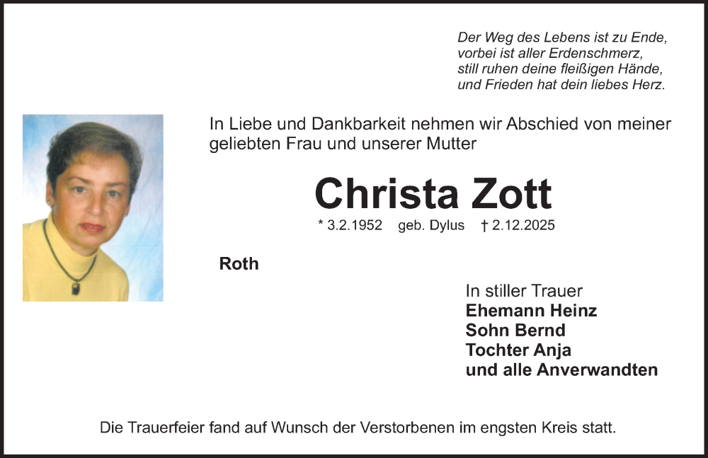  Traueranzeige für Christa Zott vom 27.12.2025 aus Roth-Hilpoltsteiner Volkszeitung Lokal