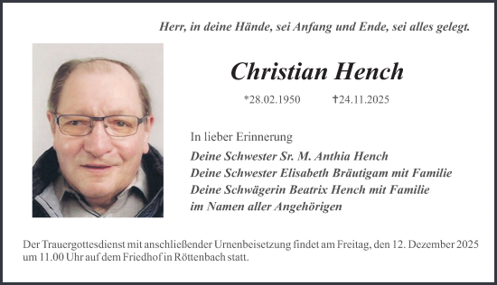 Traueranzeige von Christian Hench von Erlanger Nachrichten Lokal