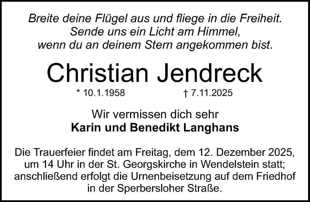  Traueranzeige für Christian Jendreck vom 06.12.2025 aus Schwabacher Tagblatt Lokal