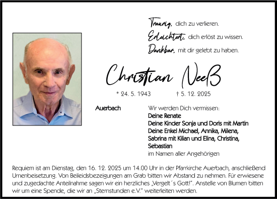 Traueranzeige von Christian Neeß von Nordbayerische Nachrichten Pegnitz Lokal