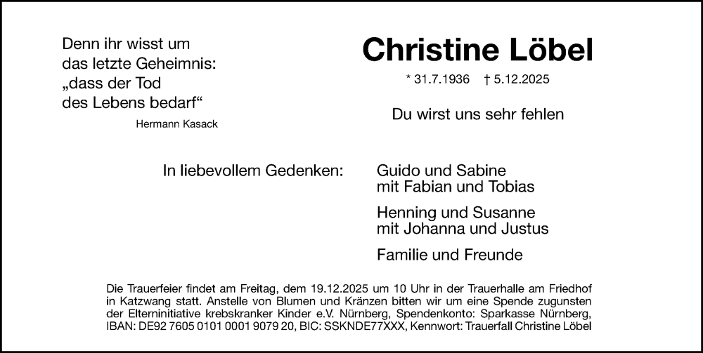  Traueranzeige für Christine Löbel vom 13.12.2025 aus Gesamtausgabe Nürnberger Nachrichten/ Nürnberger Ztg.