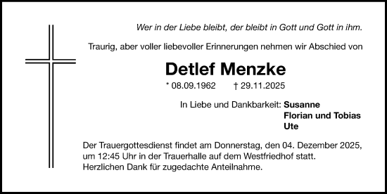 Traueranzeige von Detlef Menzke von Gesamtausgabe Nürnberger Nachrichten/ Nürnberger Ztg.