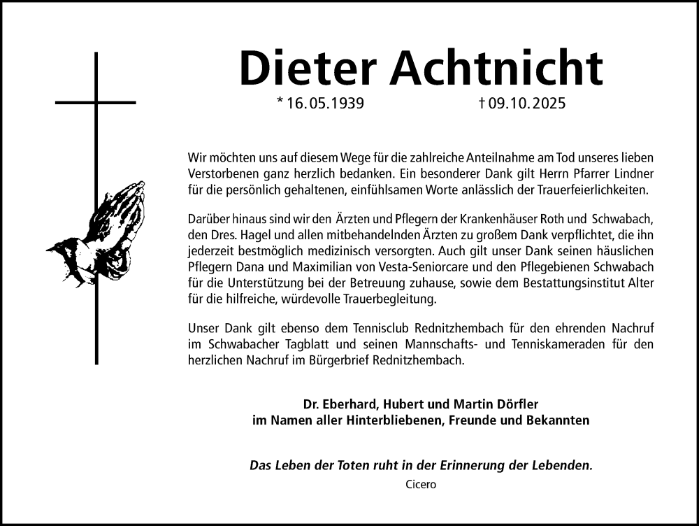  Traueranzeige für Dieter Achtnicht vom 06.12.2025 aus Schwabacher Tagblatt Lokal