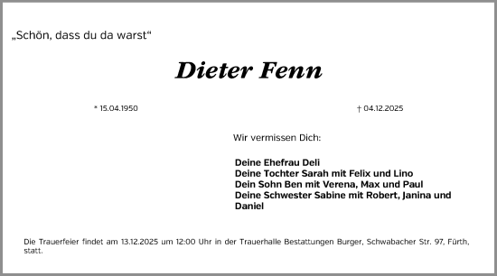 Traueranzeige von Dieter Fenn von Gesamtausgabe Nürnberger Nachrichten/ Nürnberger Ztg./ Erlanger Nachrichten/ Fürther Nachrichten