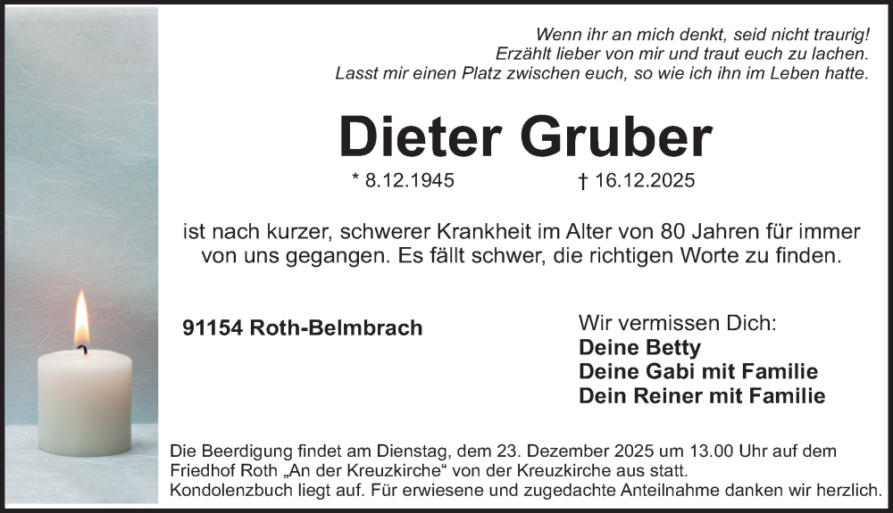  Traueranzeige für Dieter Gruber vom 20.12.2025 aus Roth-Hilpoltsteiner Volkszeitung Lokal