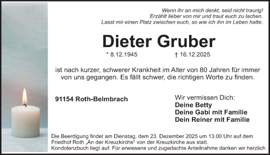 Traueranzeige von Dieter Gruber von Roth-Hilpoltsteiner Volkszeitung Lokal