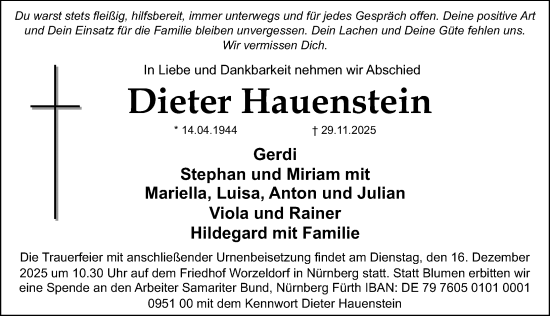 Traueranzeige von Dieter Hauenstein von Gesamtausgabe Nürnberger Nachrichten/ Nürnberger Ztg.