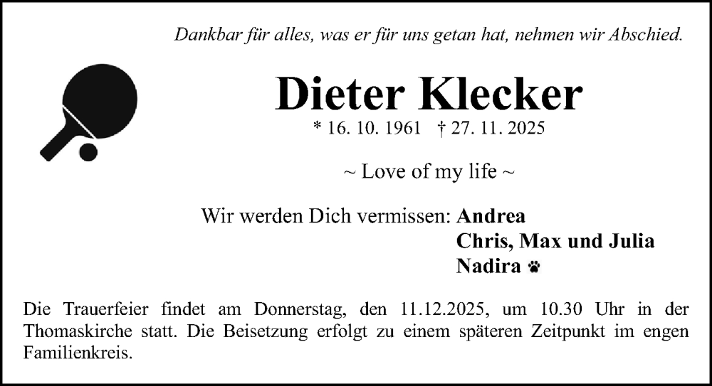  Traueranzeige für Dieter Klecker vom 06.12.2025 aus Gesamtausgabe Nürnberger Nachrichten/ Nürnberger Ztg.