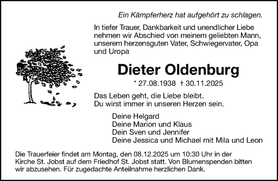 Traueranzeige von Dieter Oldenburg von Gesamtausgabe Nürnberger Nachrichten/ Nürnberger Ztg.