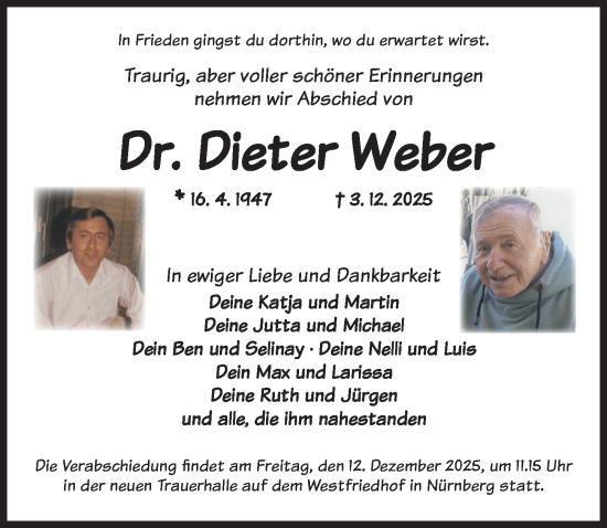 Traueranzeige von Dieter Weber von Gesamtausgabe Nürnberger Nachrichten/ Nürnberger Ztg.