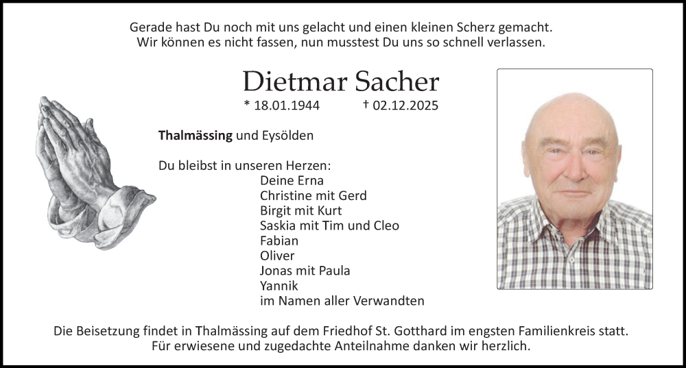  Traueranzeige für Dietmar Sacher vom 06.12.2025 aus Roth-Hilpoltsteiner Volkszeitung Lokal