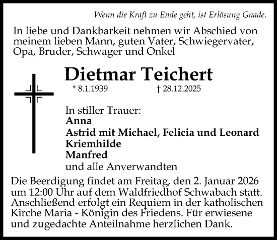 Traueranzeige von Dietmar Teichert von Schwabacher Tagblatt Lokal