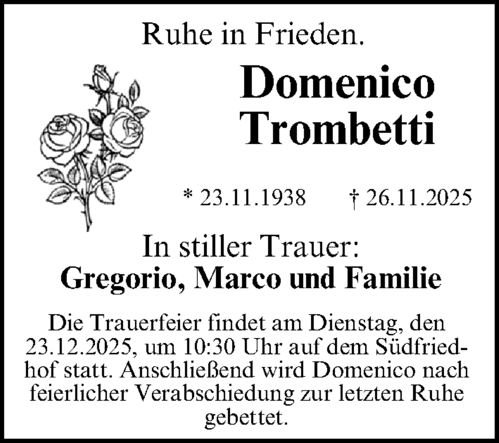  Traueranzeige für Domenico Trombetti vom 13.12.2025 aus Gesamtausgabe Nürnberger Nachrichten/ Nürnberger Ztg.