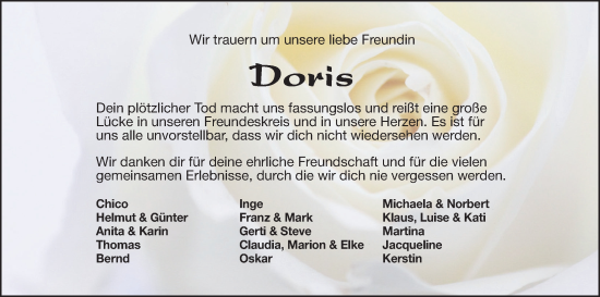 Traueranzeige von Doris  von Gesamtausgabe Nürnberger Nachrichten/ Nürnberger Ztg.