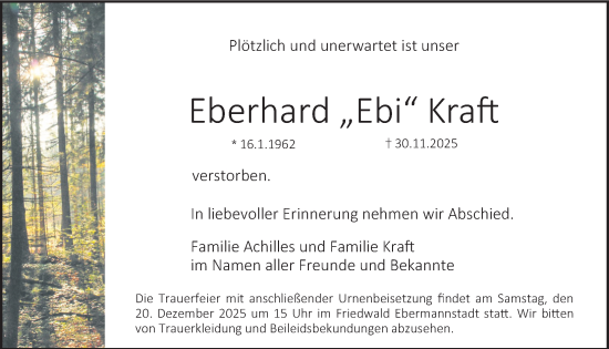 Traueranzeige von Eberhard Kraft von Erlanger Nachrichten Lokal
