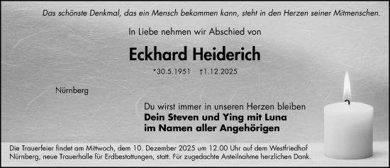 Traueranzeige von Eckhard Heiderich von Gesamtausgabe Nürnberger Nachrichten/ Nürnberger Ztg.