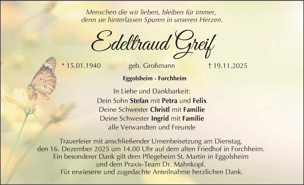  Traueranzeige für Edeltraud Greif vom 13.12.2025 aus Nordbayerische Nachrichten Forchheim Lokal