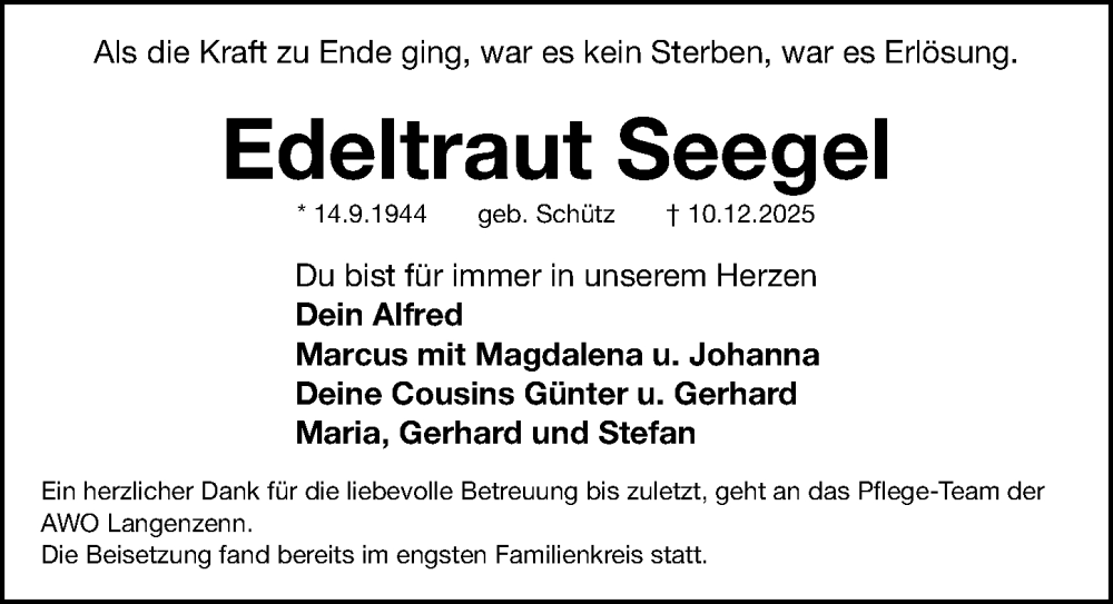  Traueranzeige für Edeltraut Seegel vom 20.12.2025 aus Fürther Nachrichten Lokal