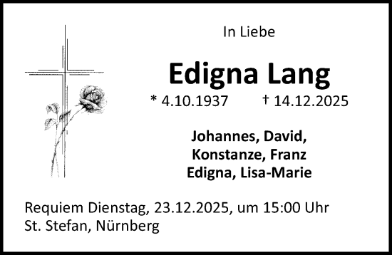 Traueranzeige von Edigna Lang von Gesamtausgabe Nürnberger Nachrichten/ Nürnberger Ztg.