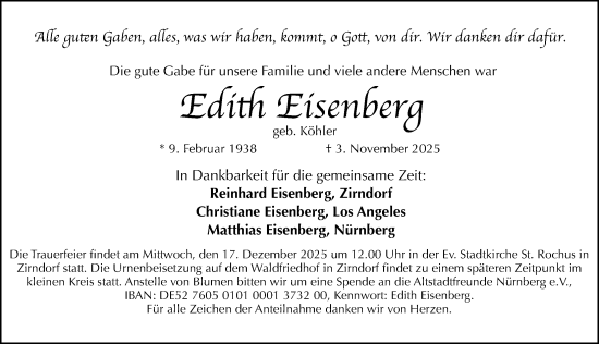 Traueranzeige von Edith Eisenberg von Gesamtausgabe Nürnberger Nachrichten/ Nürnberger Ztg.