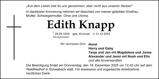 Traueranzeige von Edith Knapp von Schwabacher Tagblatt Lokal