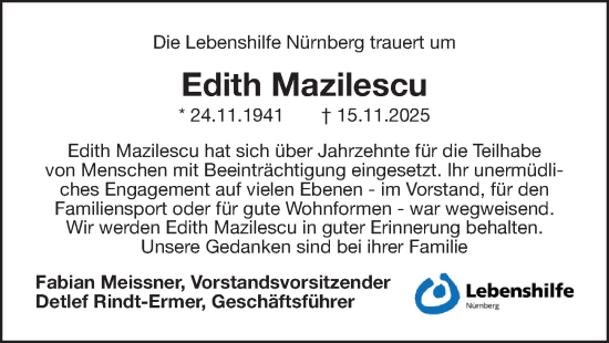 Traueranzeige von Edith Mazilescu von Gesamtausgabe Nürnberger Nachrichten/ Nürnberger Ztg.
