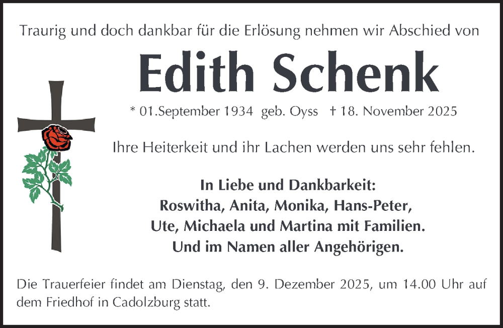  Traueranzeige für Edith Schenk vom 06.12.2025 aus Fürther Nachrichten Lokal