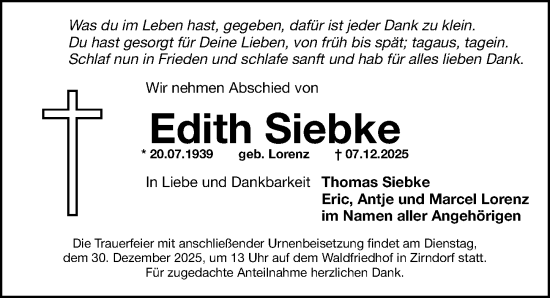 Traueranzeige von Edith Siebke von Fürther Nachrichten Lokal