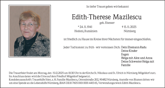 Traueranzeige von Edith-Therese Mazilescu von Gesamtausgabe Nürnberger Nachrichten/ Nürnberger Ztg.