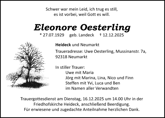 Traueranzeige von Eleonore Oesterling von Roth-Hilpoltsteiner Volkszeitung Lokal