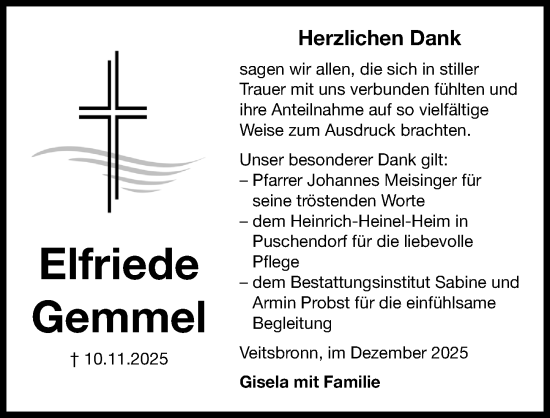 Traueranzeige von Elfriede Gemmel von Fürther Nachrichten Lokal