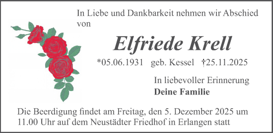Traueranzeige von Elfriede Krell von Erlanger Nachrichten Lokal