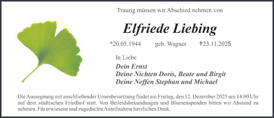 Traueranzeige von Elfriede Liebing von Erlanger Nachrichten Lokal