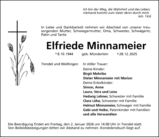 Traueranzeige von Elfriede Minnameier von Altmühl-Bote Lokal