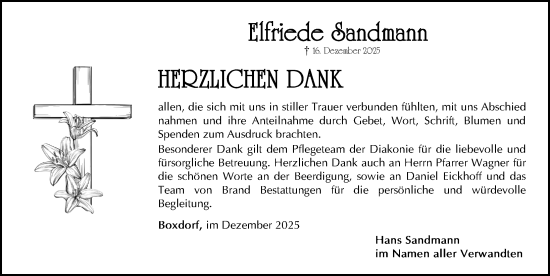 Traueranzeige von Elfriede Sandmann von Gesamtausgabe Nürnberger Nachrichten/ Nürnberger Ztg.