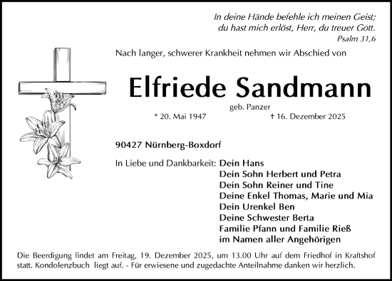 Traueranzeige von Elfriede Sandmann von Gesamtausgabe Nürnberger Nachrichten/ Nürnberger Ztg.