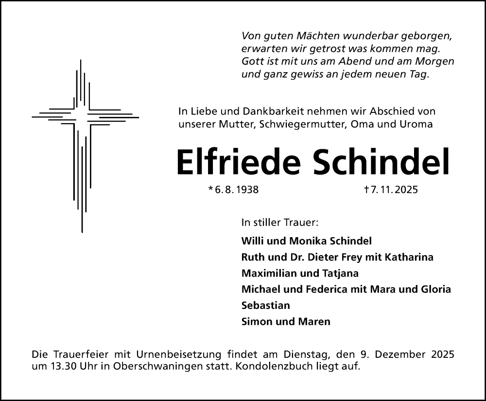  Traueranzeige für Elfriede Schindel vom 05.12.2025 aus Altmühl-Bote Lokal