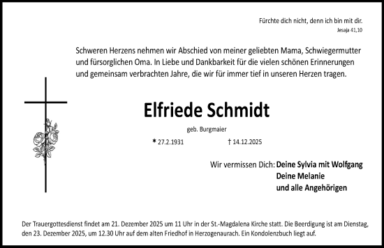 Traueranzeige von Elfriede Schmidt von Nordbayerische Nachrichten Herzogenaurach Lokal