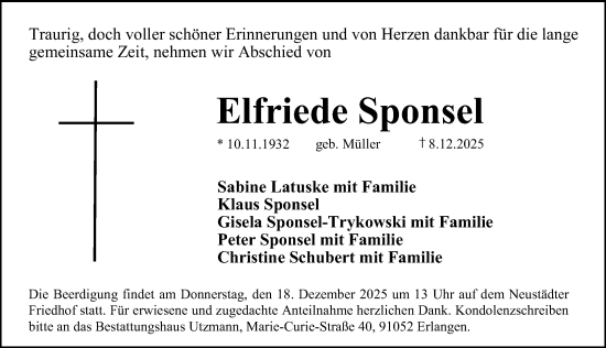 Traueranzeige von Elfriede Sponsel von Erlanger Nachrichten Lokal