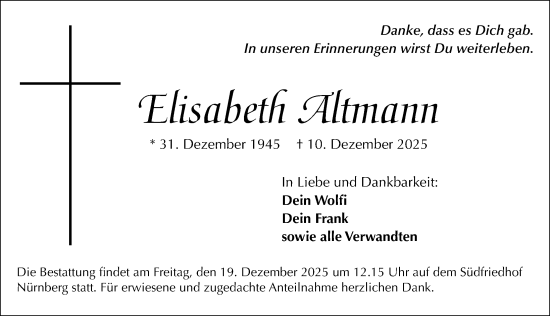 Traueranzeige von Elisabeth Altmann von Gesamtausgabe Nürnberger Nachrichten/ Nürnberger Ztg.