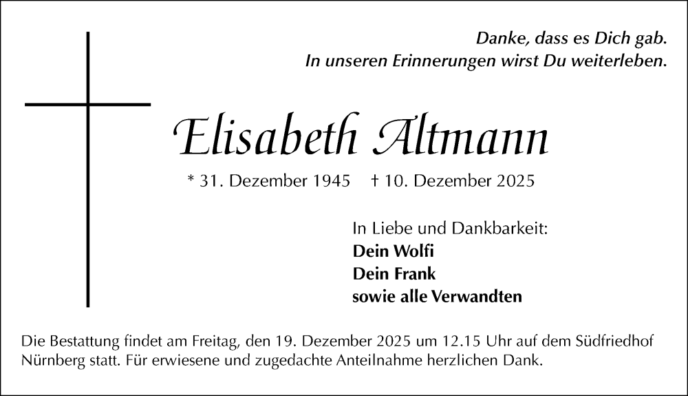  Traueranzeige für Elisabeth Altmann vom 18.12.2025 aus Gesamtausgabe Nürnberger Nachrichten/ Nürnberger Ztg.