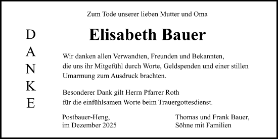 Traueranzeige von Elisabeth Bauer von Neumarkter Nachrichten Lokal