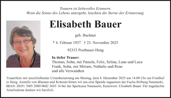 Traueranzeige von Elisabeth Bauer von Neumarkter Nachrichten Lokal