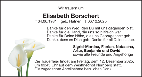 Traueranzeige von Elisabeth Borschert von Gesamtausgabe Nürnberger Nachrichten/ Nürnberger Ztg.