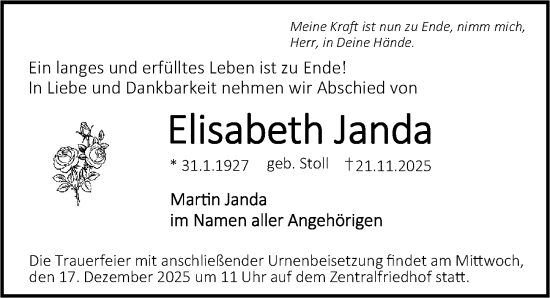 Traueranzeige von Elisabeth Janda von Erlanger Nachrichten Lokal