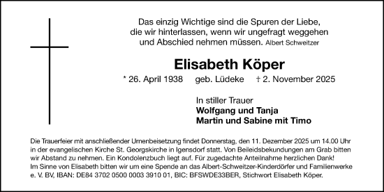 Traueranzeige von Elisabeth Köper von Gesamtausgabe Nürnberger Nachrichten/ Nürnberger Ztg.