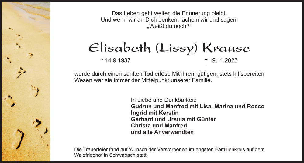  Traueranzeige für Elisabeth Krause vom 06.12.2025 aus Gesamtausgabe Nürnberger Nachrichten/ Nürnberger Ztg.
